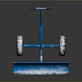 Blue Snow Shovel With Wheels And Snow On Blade For Winter Snow Removal Equipment